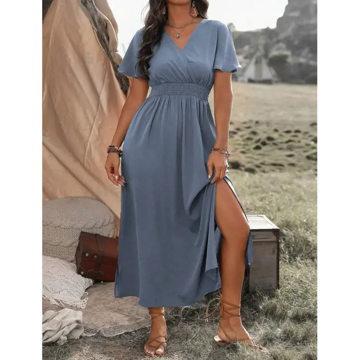 V-Neck Bell Sleeve Slit Long Dress