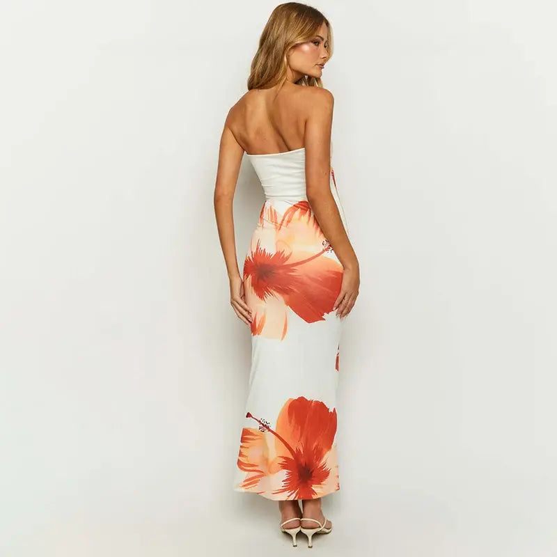 Women's Flower Print Off-Shoulder Beach Dress