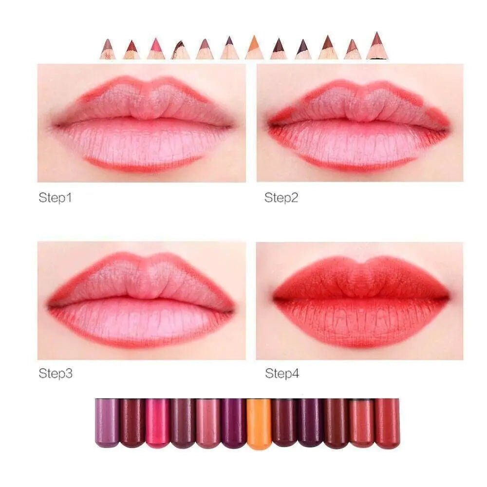 12Pcs Women Waterproof Lipstick Long Lasting Matte Lip Liner Pencil Lip Pen Set - Ty Marcket