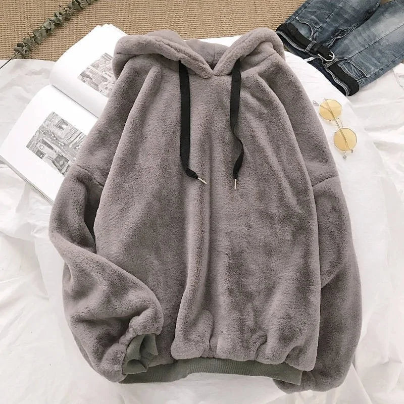 Harajuku Style Solid Hooded Fleece Pullover for Women