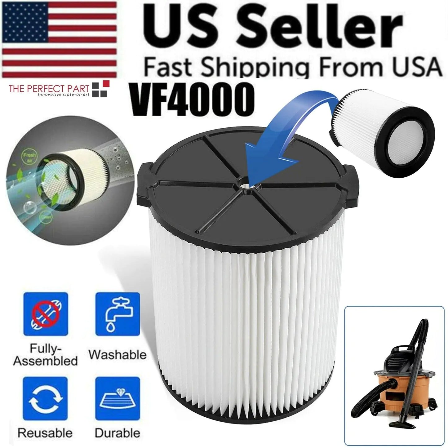 VF4000 Replacement RIDGID Wet/Dry Washable Vacuum Garage Shop Vac Pleated Filter