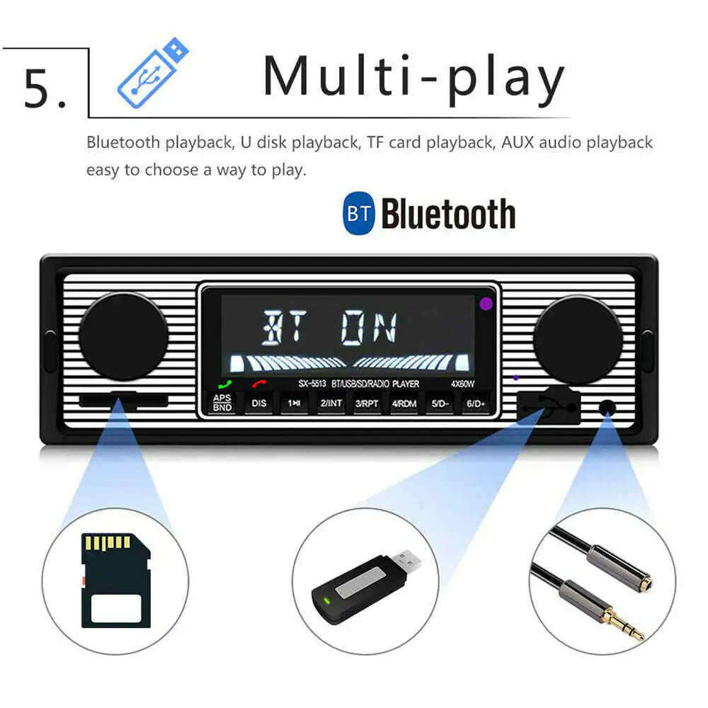 Bluetooth Vintage Car FM Radio MP3 Player USB Classic Stereo Audio Receiver AUX