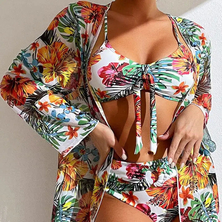 Three Piece Bikini Set with Floral Pattern