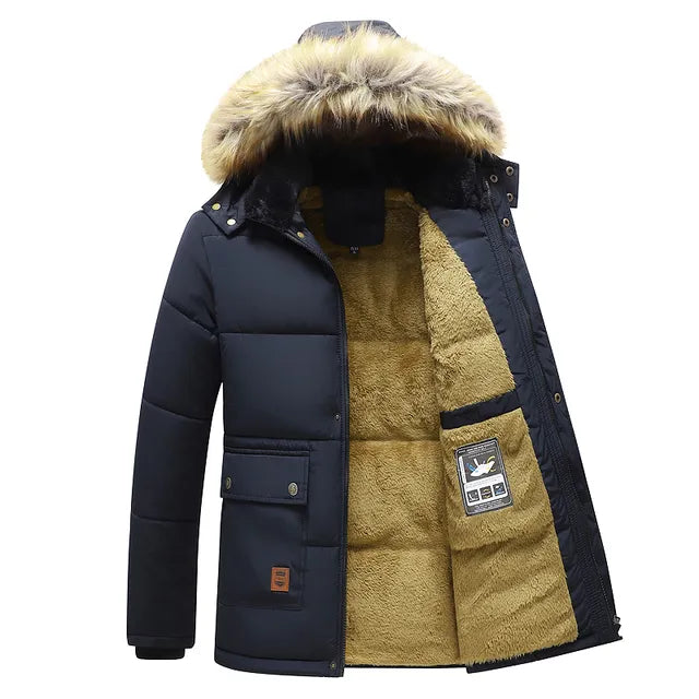 Windproof Fleece Thick Jacket Coat Men Fashion Hooded Fur Collar