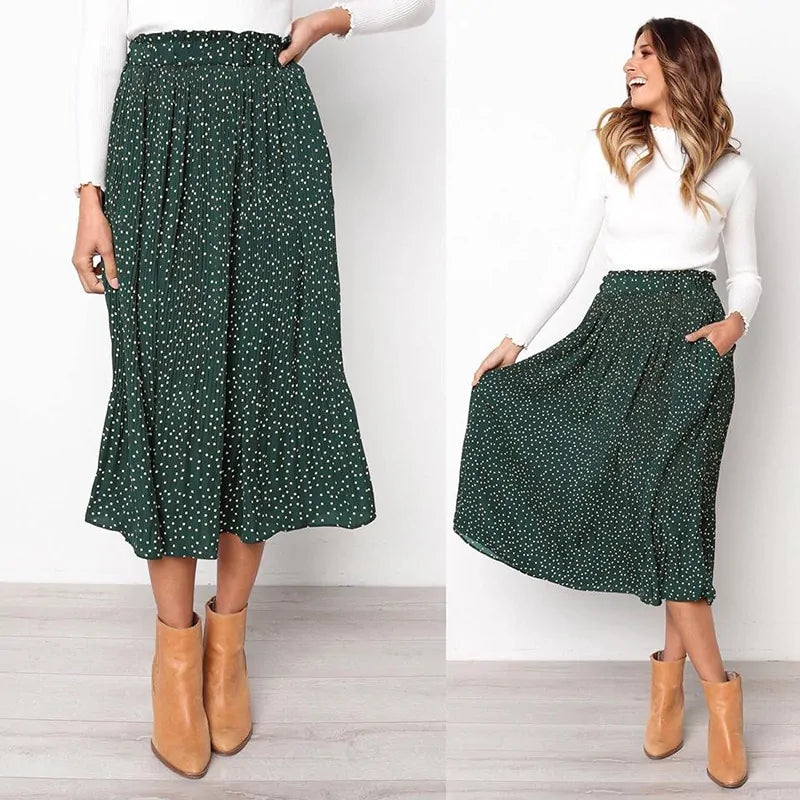 Women's Elastic High Waist Pleated Midi Skirt