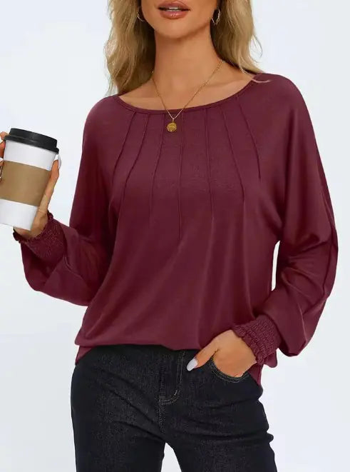 Women's Pleated O-Neck Blouse